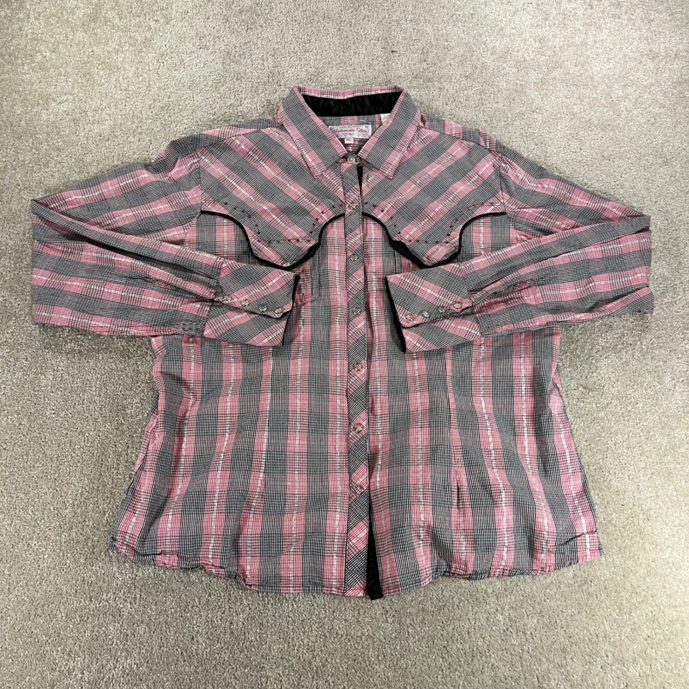 Panhandle Slim Western Shirt Womens XL Pink Plaid Metallic Studded Yoke
